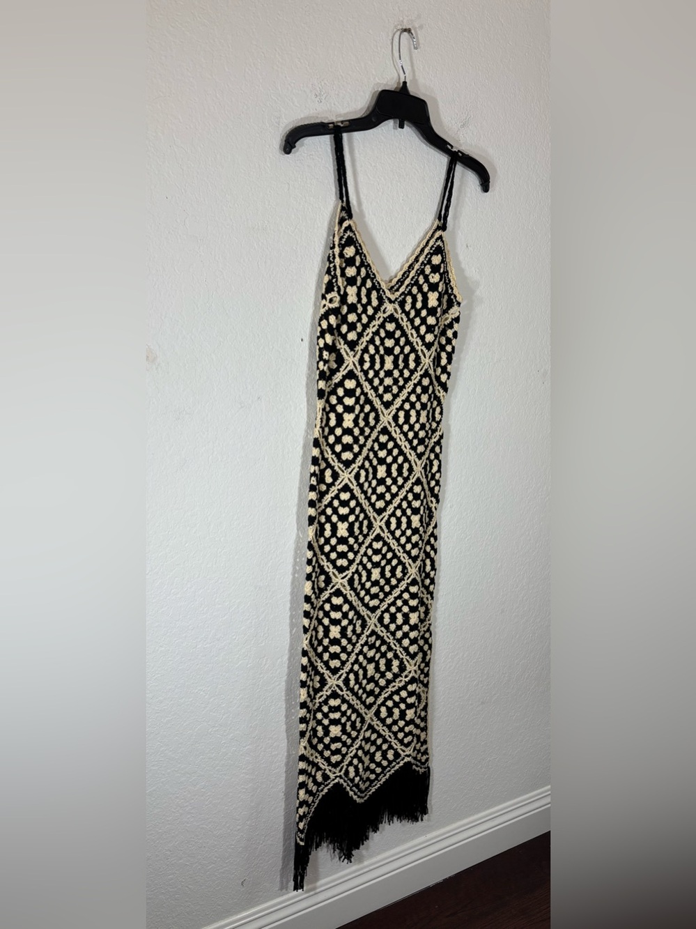 Elan Crochet Maxi Cover Up Dress Size Small Black Off White Cream Fringe NWT - Picture 11 of 15